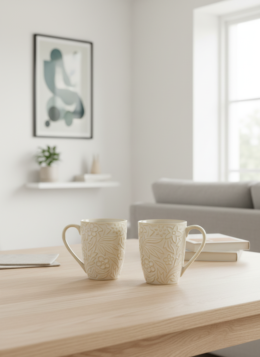 Hand-Embossed Cream Floral Ceramic Tea and Coffee Mugs - Set of 2
