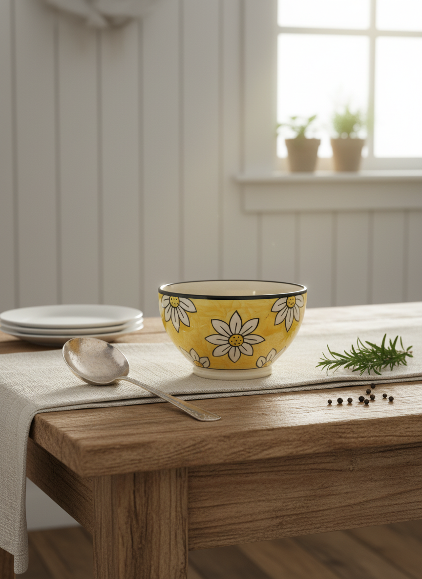 Hand-Painted Yellow Daisy Ceramic Serving Bowl - Vibrant Floral Design 400 ML — alternate view