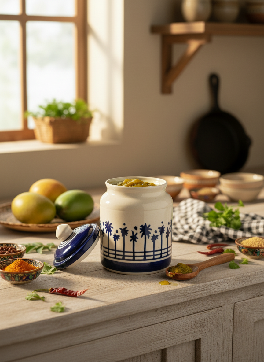 Artisanal Blue & White Palm Tree Hand-Painted Ceramic Pickle Jar with Lid — alternate view