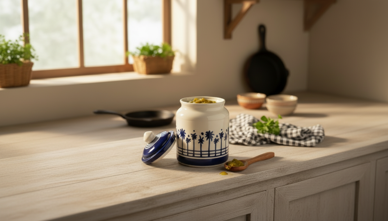 Artisanal Blue & White Palm Tree Hand-Painted Ceramic Pickle Jar with Lid