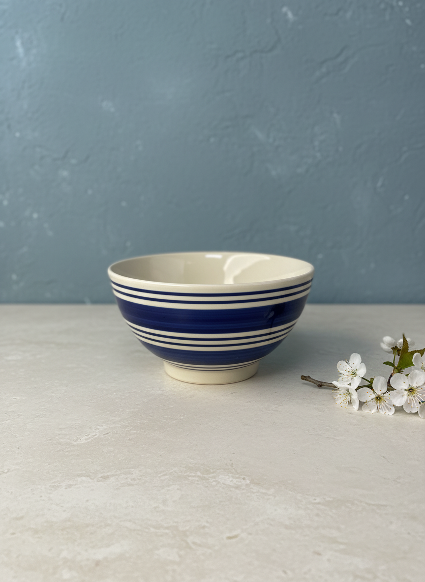 Hand-Painted Nautical Blue Striped Ceramic Serving Bowl 300 ML