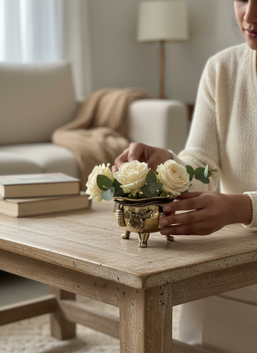 Hands arranging flowers in a handcrafted brass urn