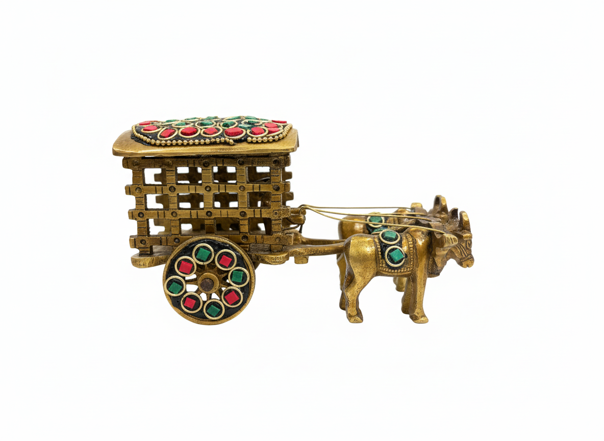 Handcrafted Antique Brass Bullock Cart Showpiece with Stone Inlay