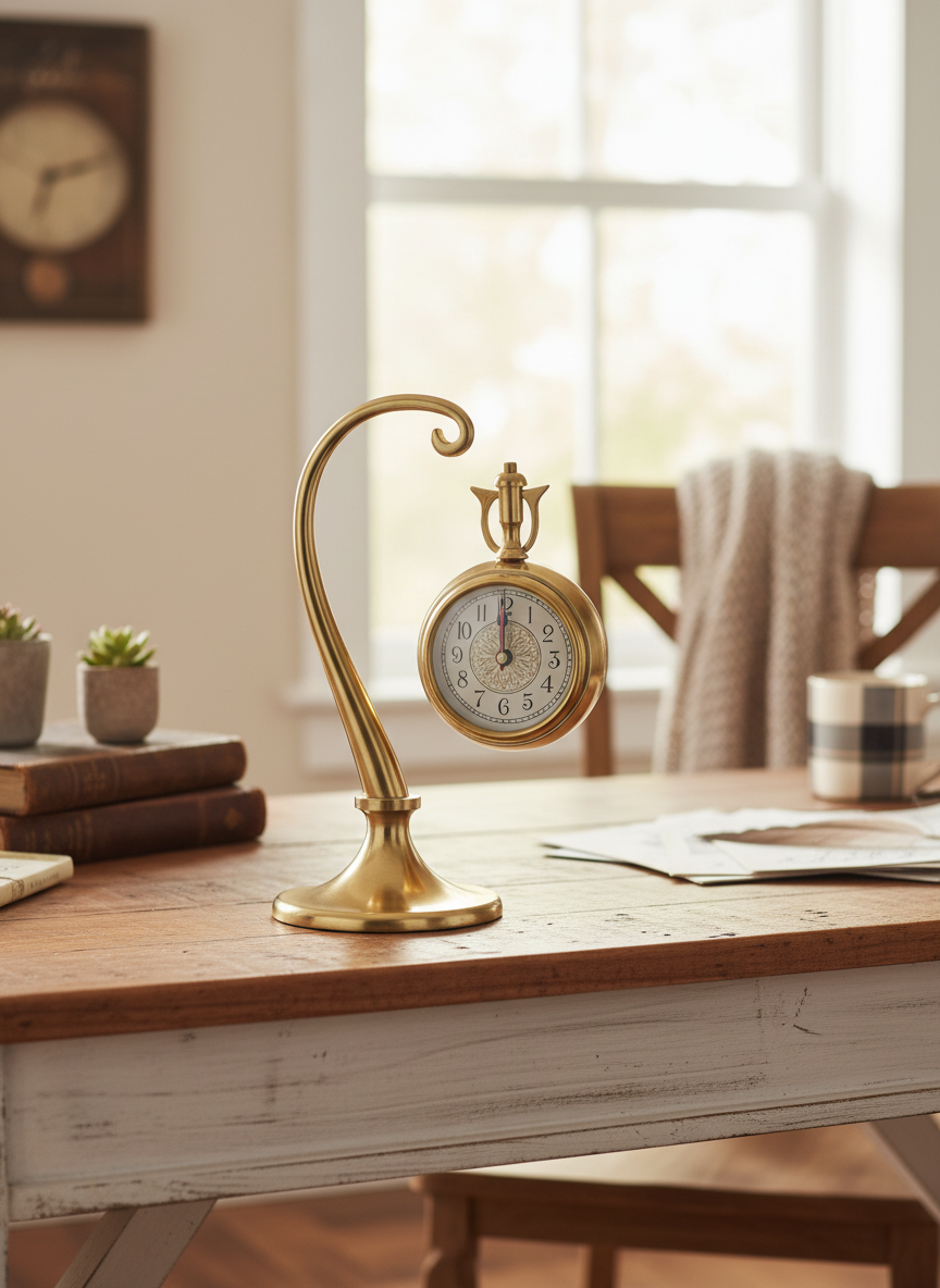 Vintage Style Brass Hanging Table Clock with Curved Stand with Gift Box