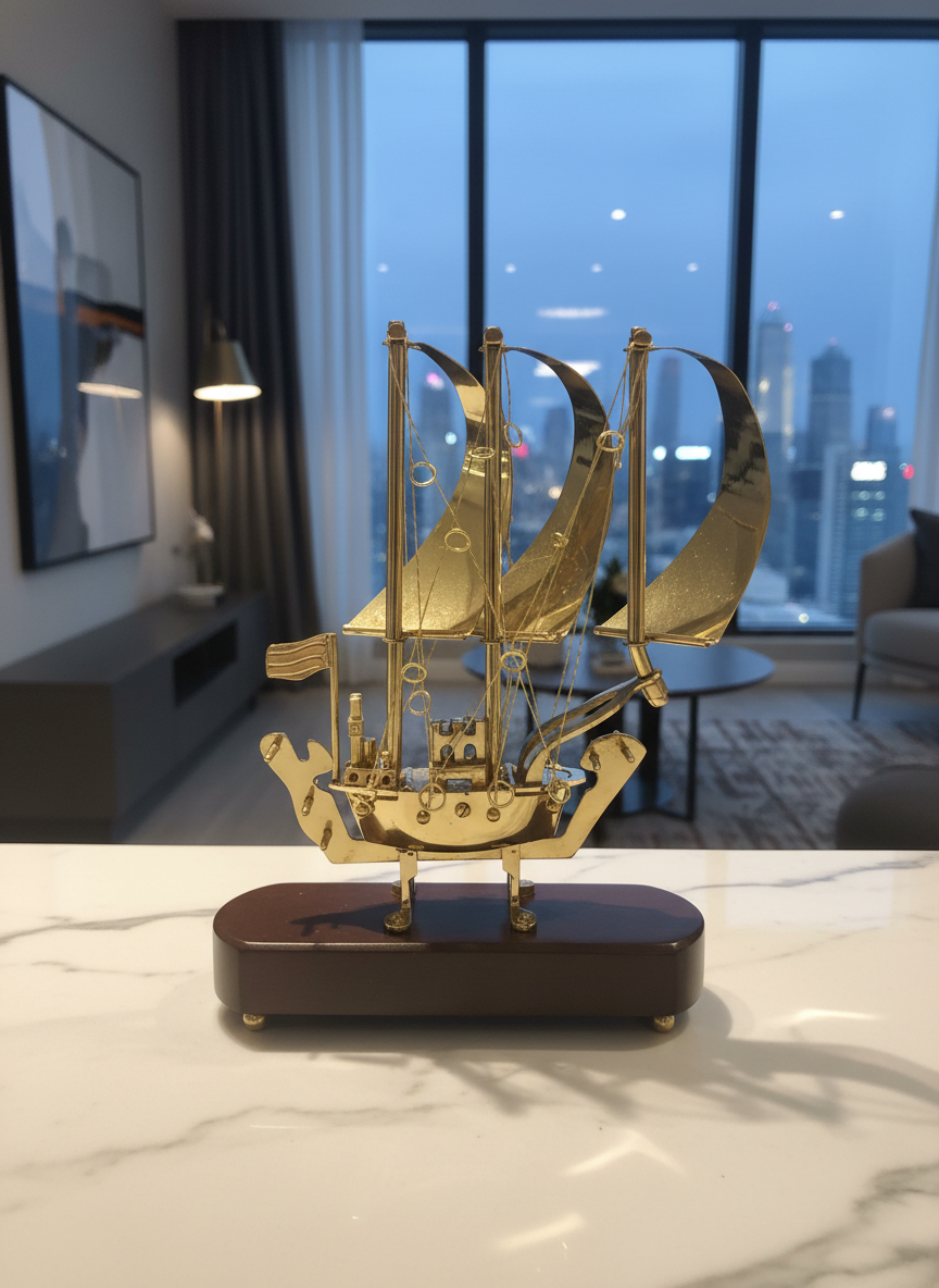 Premium Handcrafted Golden Brass Sailing Ship Model with Wooden Base - Luxury Nautical Home & Office Decor
