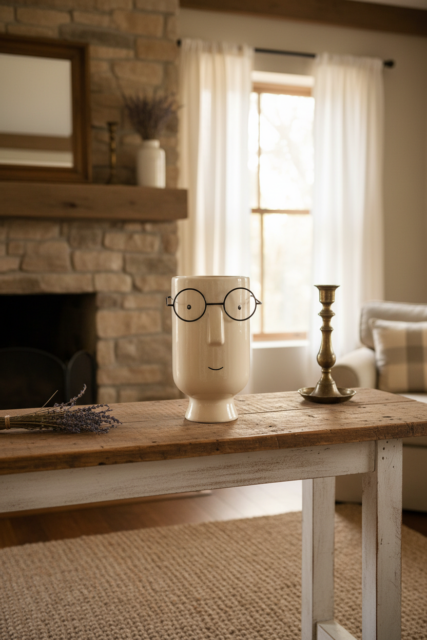 Quirky Ceramic Face Planter with Glasses - Off-White Decorative Vase — alternate view