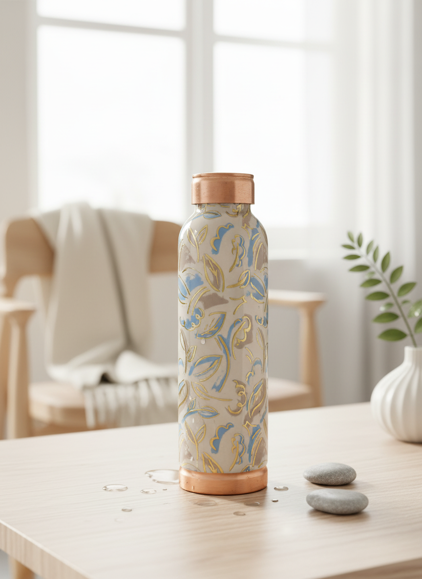 Hand-Painted Azure Floral Pure Copper Water Bottle - 950 ml