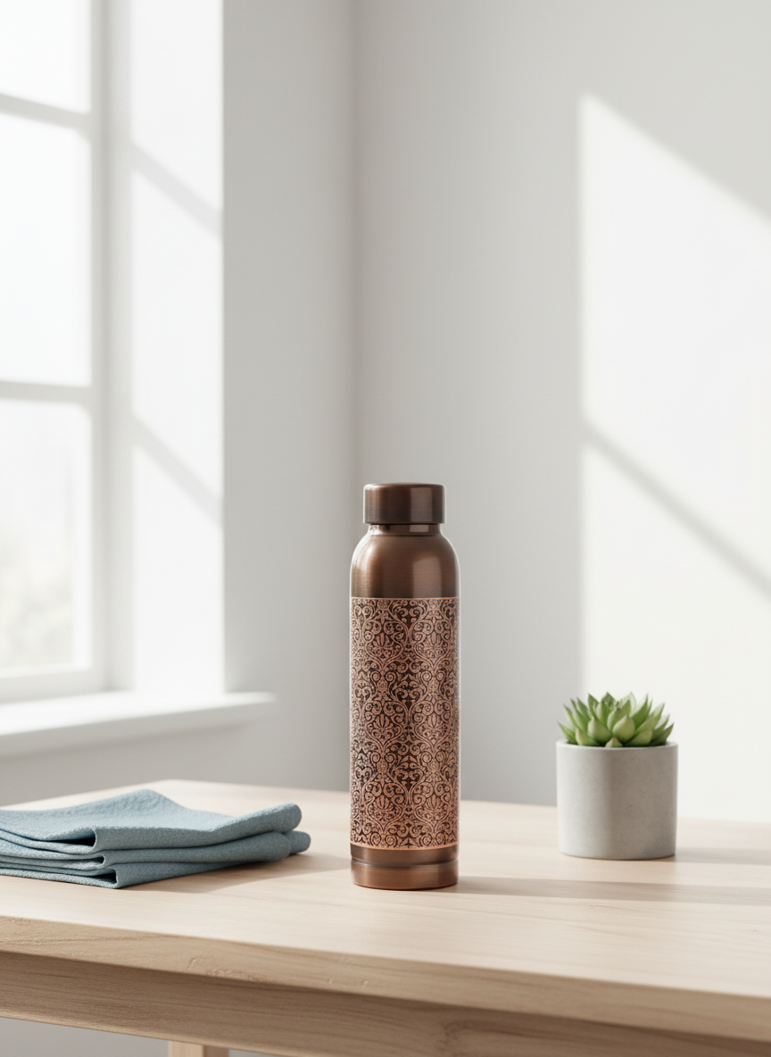 Vintage Antique Finish Laser Etched Pure Copper Water Bottle - 950 ml — alternate view