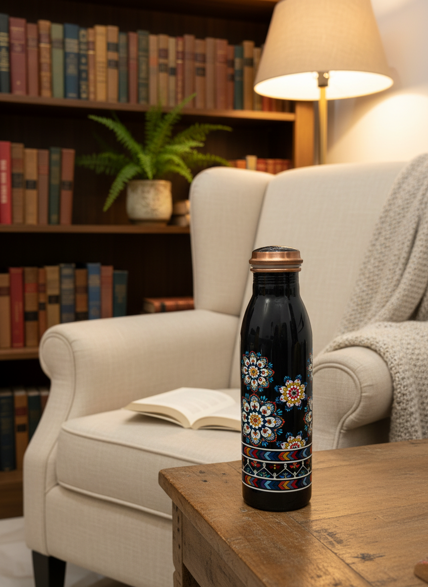 Handcrafted Mandala Print Black Copper Bottle - 1 Litre Ayurvedic Health Water Bottle — alternate view