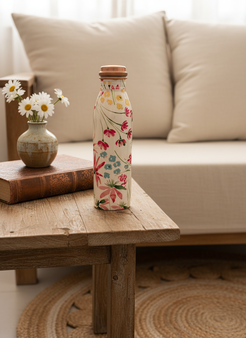 Hand-Painted Floral Pure Copper Water Bottle  — alternate view