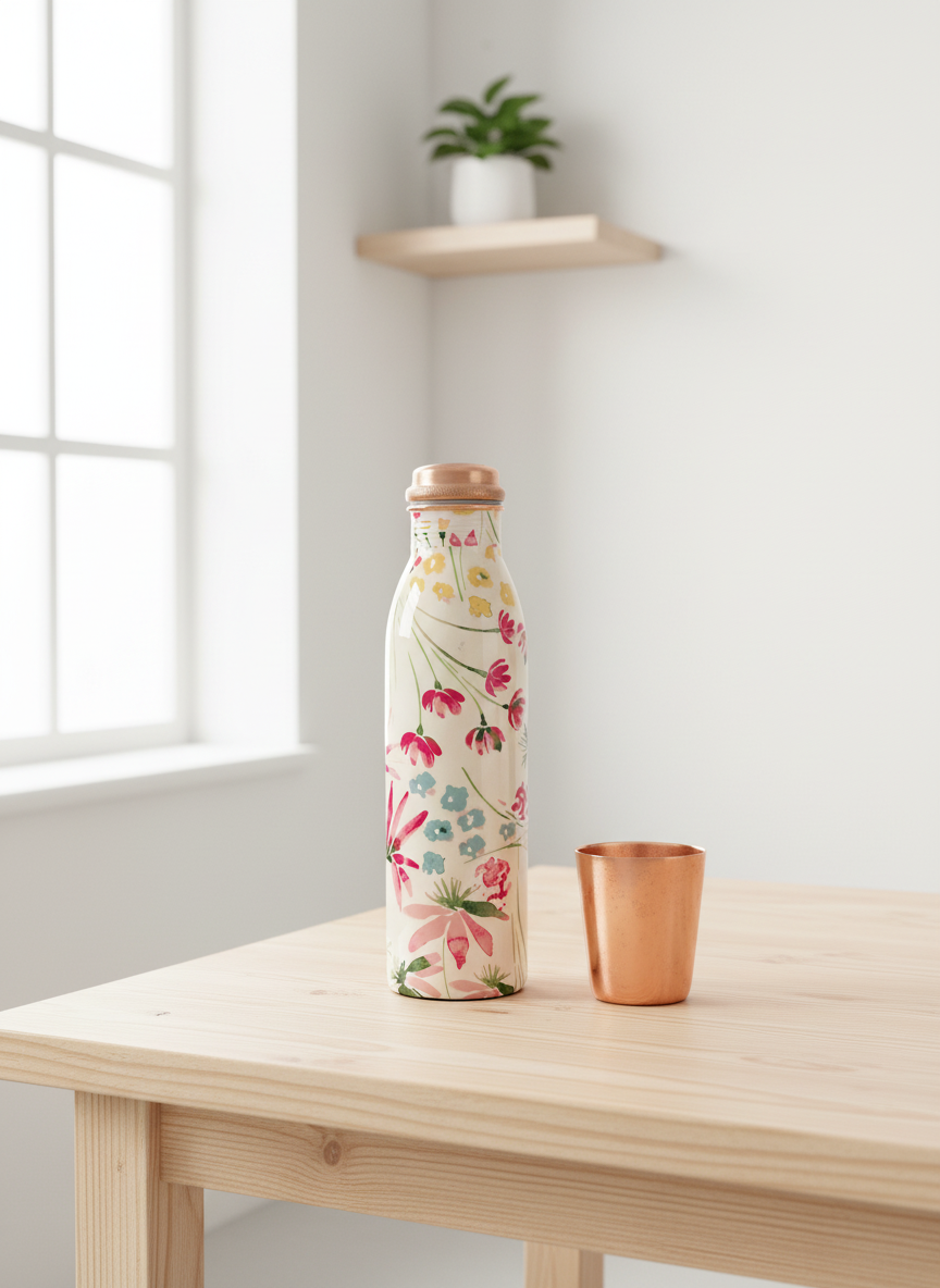 Hand-Painted Floral Pure Copper Water Bottle 
