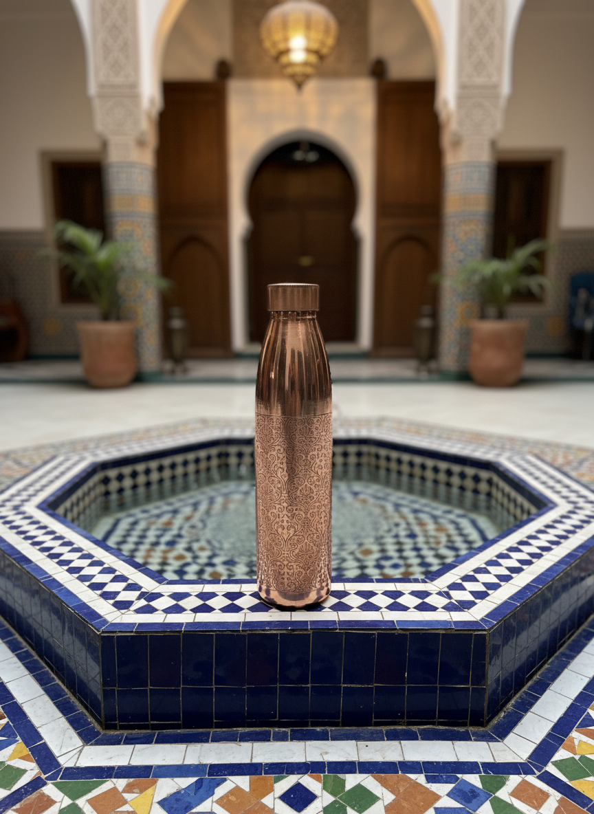 Hand-Engraved Pure Copper Water Bottle with Floral Motif - 950ml — alternate view