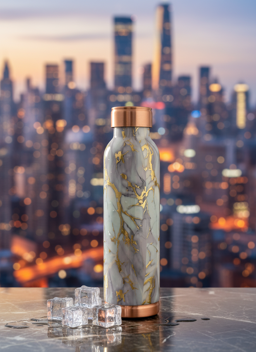 Elegant Marble Print Pure Copper Water Bottle with Gold Veins 950 ml — alternate view