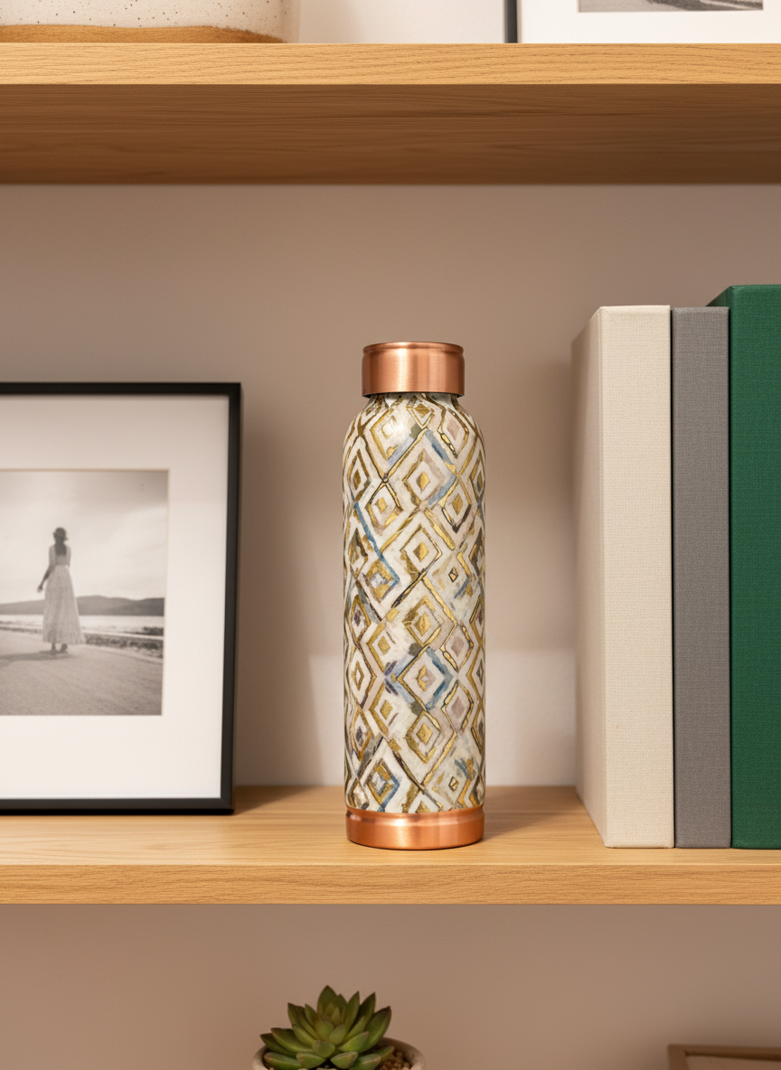 Handcrafted Geometric Diamond Pattern Pure Copper Water Bottle - Leakproof Ayurvedic Hydration — alternate view