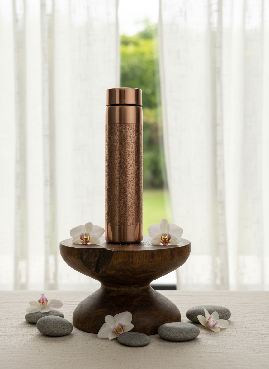 Handcrafted Engraved Copper Water Bottle with Floral Pattern - 1000ml — alternate view