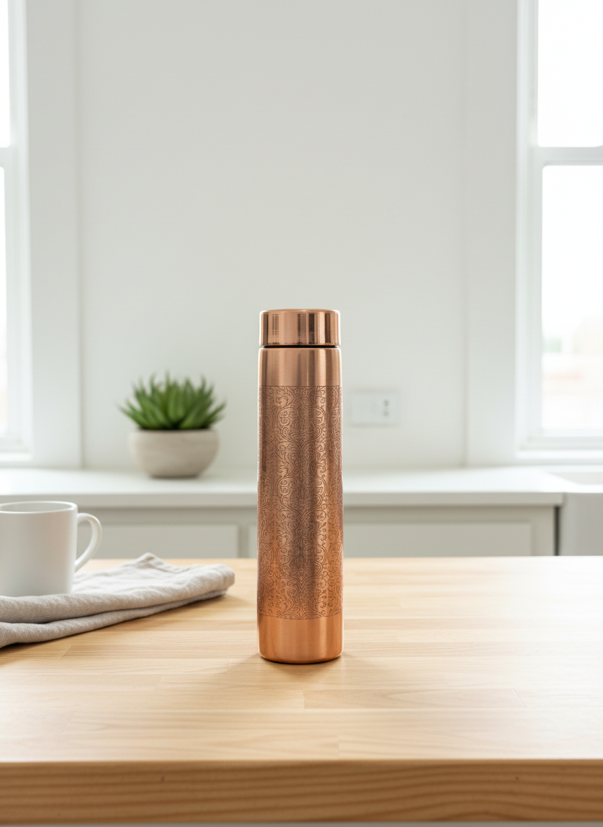 Handcrafted Engraved Copper Water Bottle with Floral Pattern - 1000ml