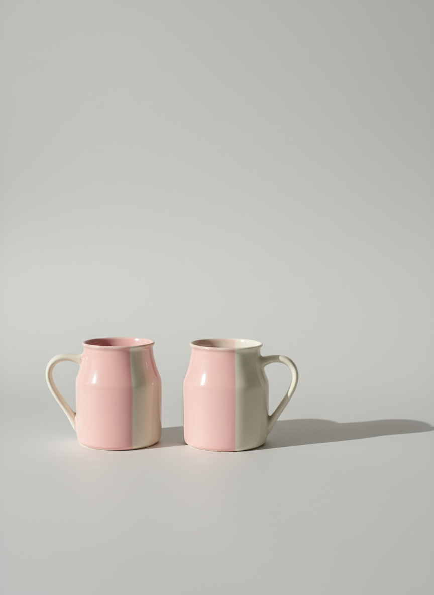Minimalist Duo-Tone Ceramic Coffee Mug Set - Pink & White (Set of 2)