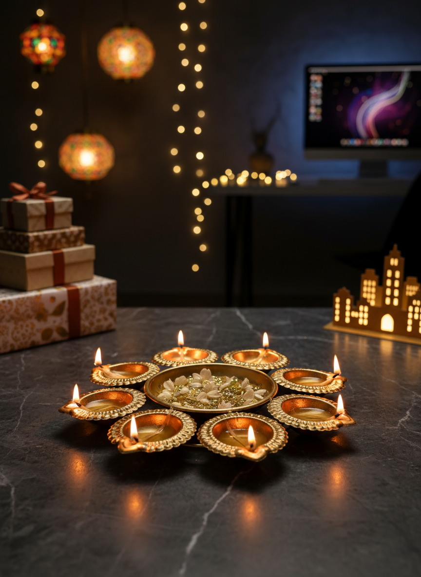 Handcrafted Brass 8-Wick Lotus Oil Lamp for Diwali Puja & Festive Home Decor — alternate view