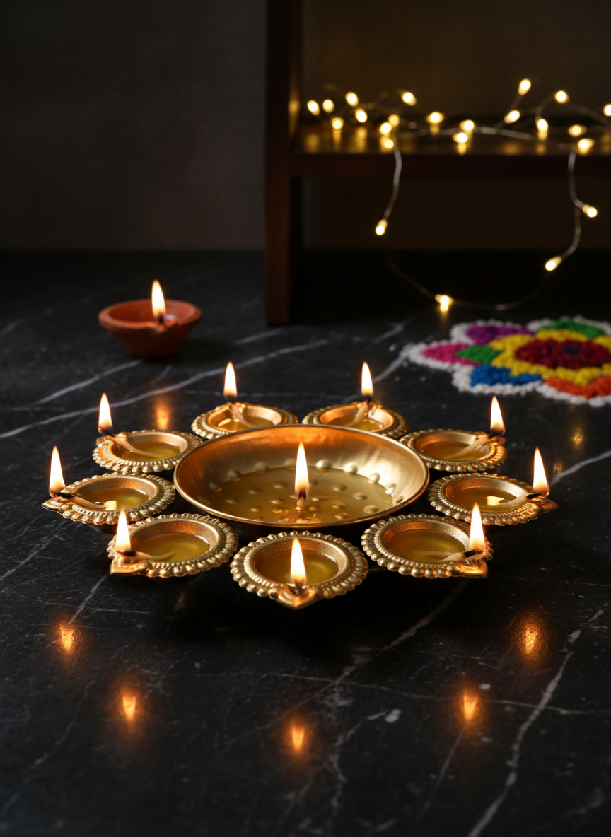 Handcrafted 10-Wick Brass Diya - Traditional Oil Lamp for Diwali and Festive Decor