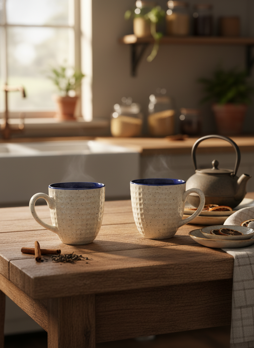 Handcrafted Speckled Ceramic Coffee Mugs with Navy Blue Rim - Set of 2 — alternate view