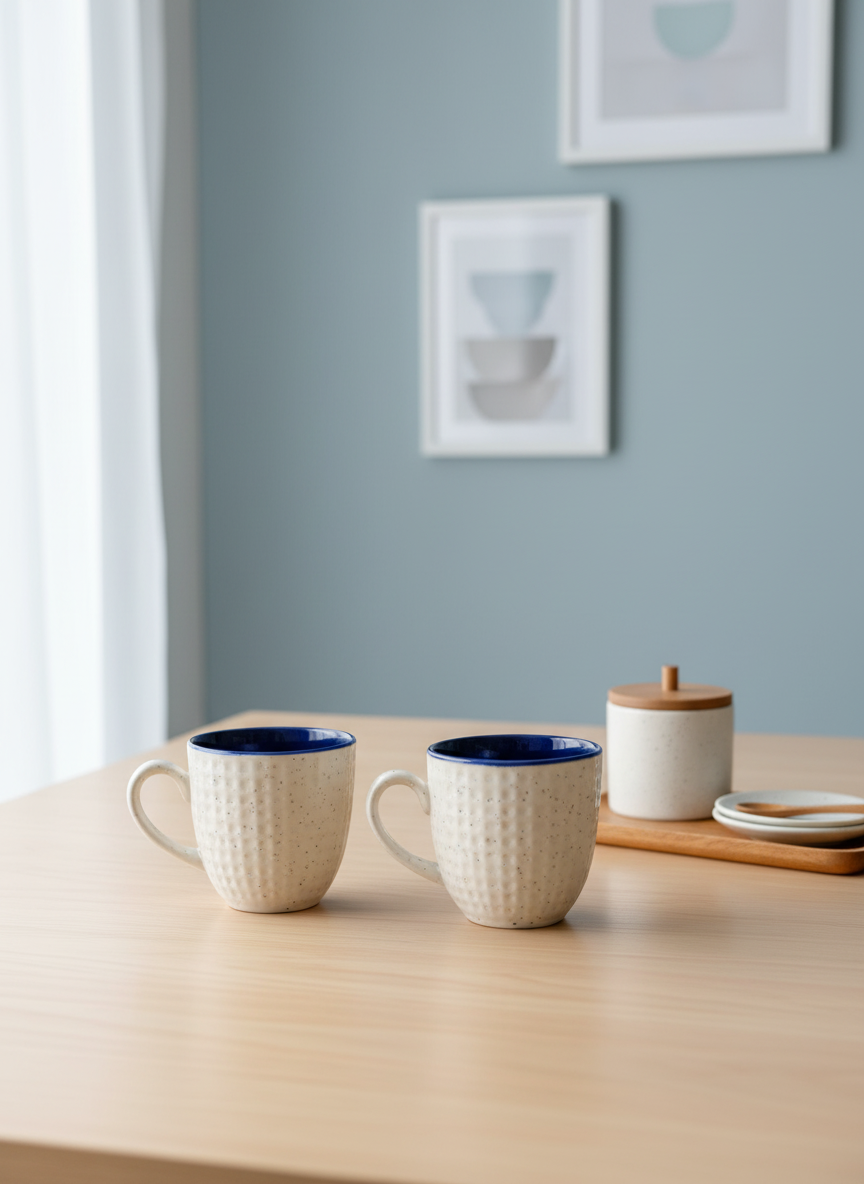 Handcrafted Speckled Ceramic Coffee Mugs with Navy Blue Rim - Set of 2