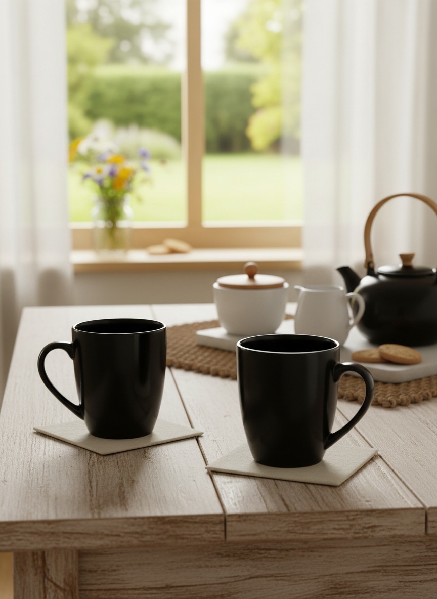 Glossy Black Ceramic Mug Set - Set of 2 Modern Coffee & Tea Cups