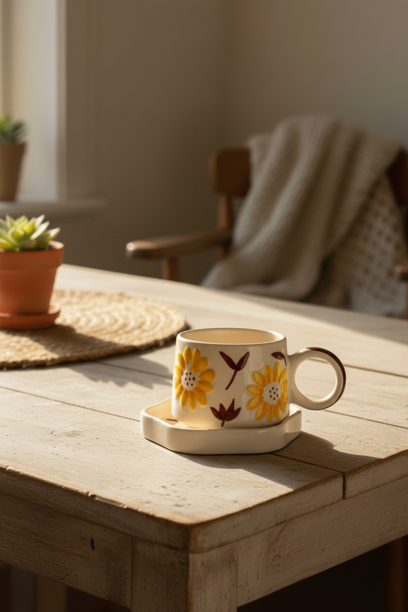Artisanal Hand-Painted Sunflower Ceramic Teacup with Saucer Set