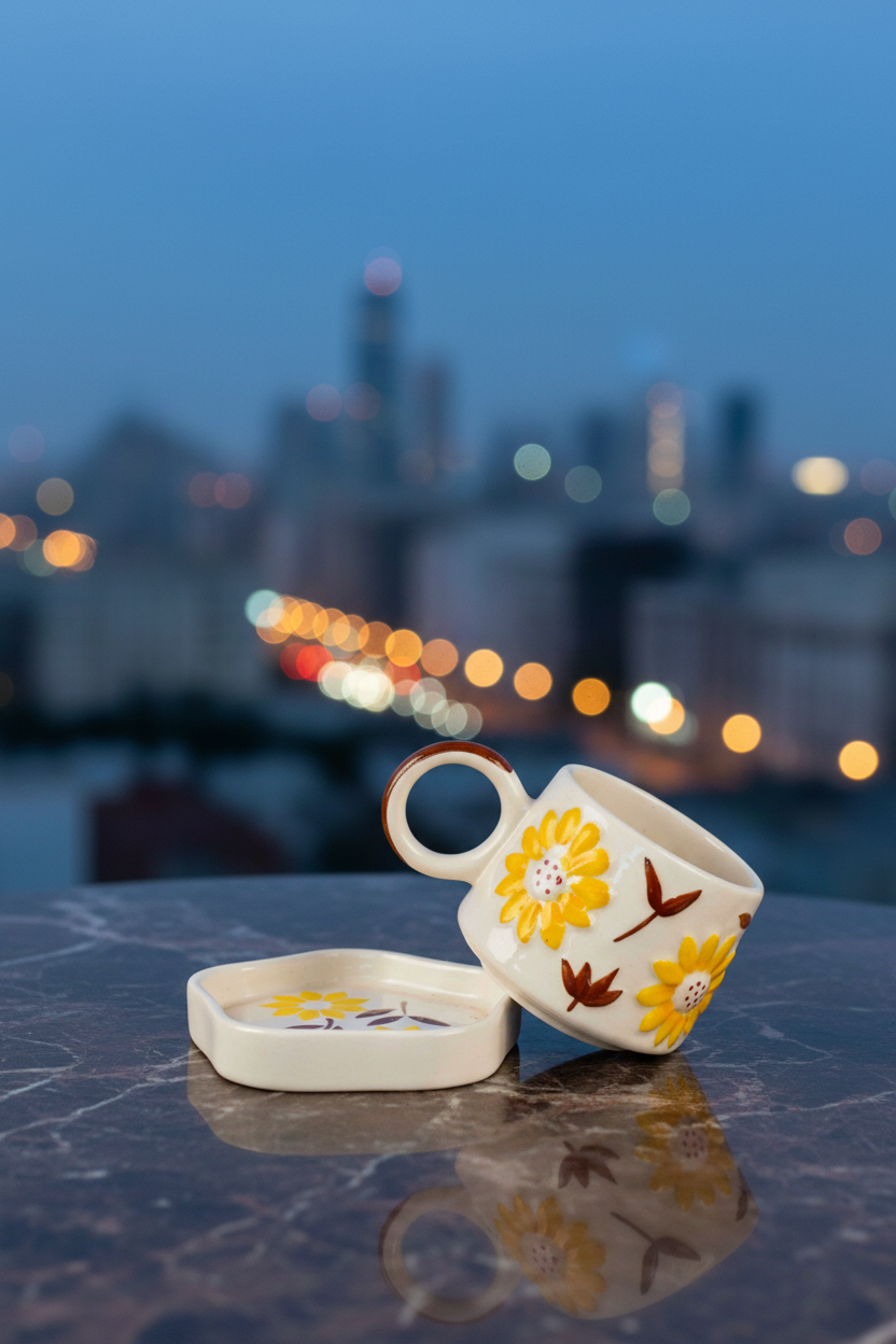 Artisanal Hand-Painted Sunflower Ceramic Teacup with Saucer Set — alternate view