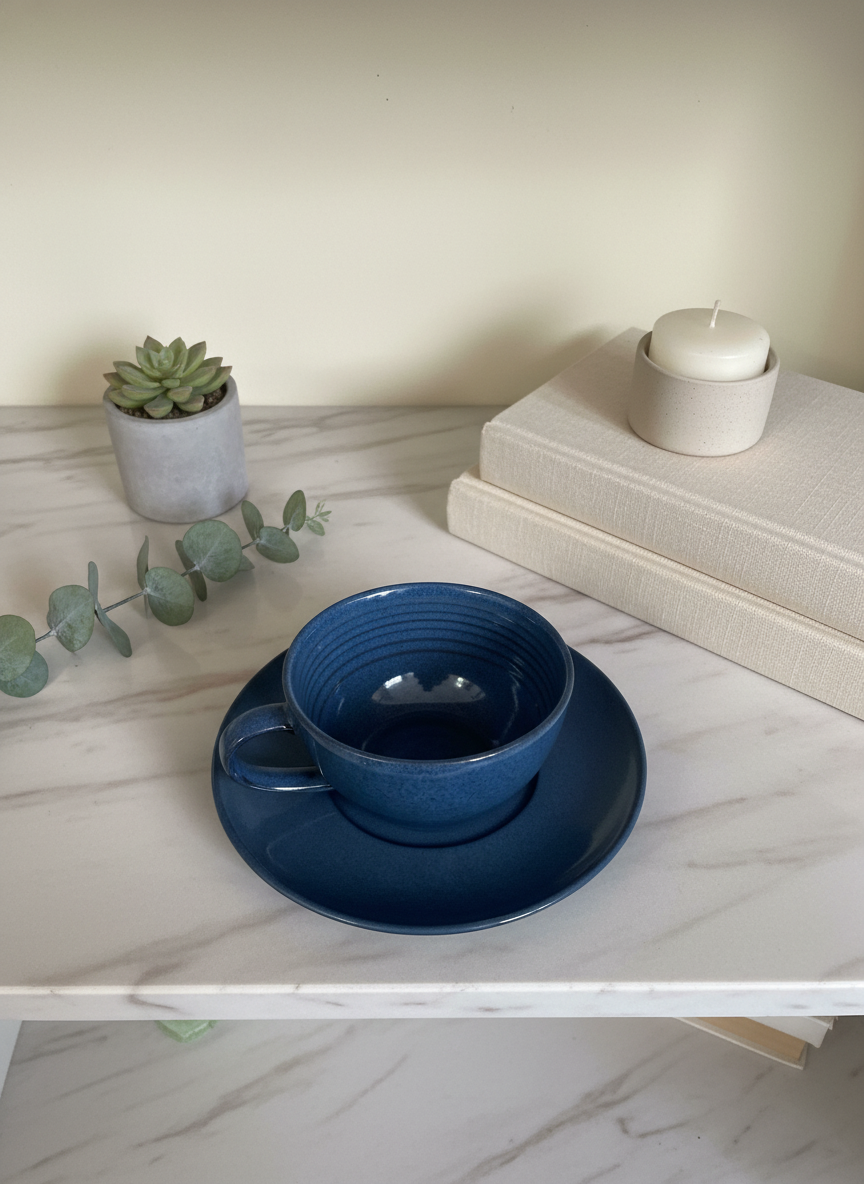 Handcrafted Midnight Blue Ceramic Teacup and Saucer Set — alternate view