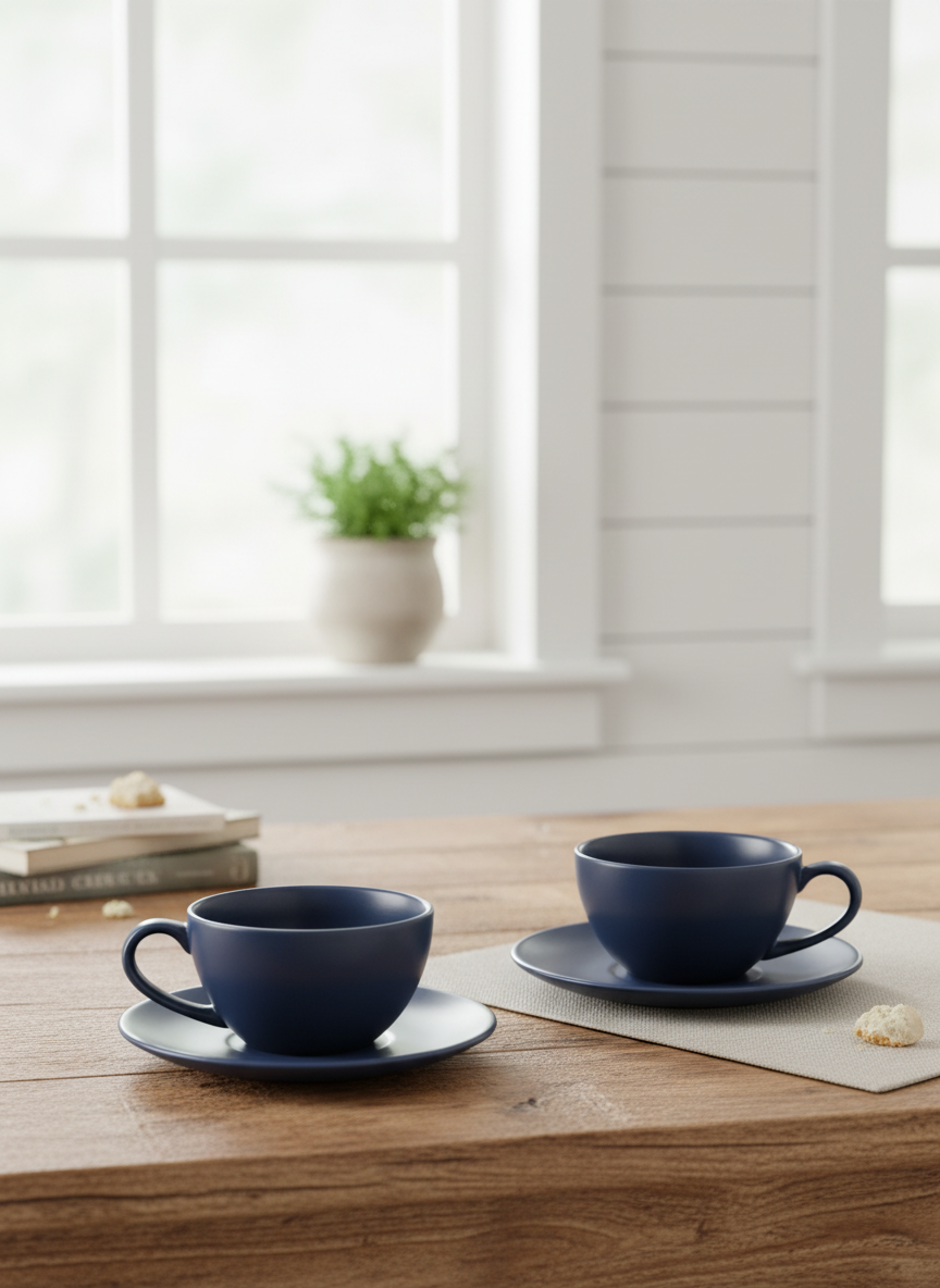 Midnight Navy Matte Ceramic Teacup and Saucer Set of 2 — alternate view