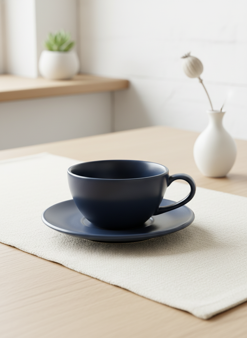 Midnight Matte Navy Blue Ceramic Teacup with Saucer - Elegant Handmade Tea Set