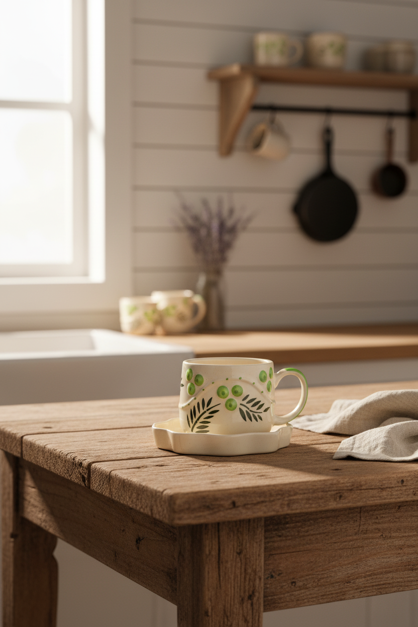 Artisanal Hand-Painted Botanical Ceramic Teacup with Wavy Saucer - Green Leaf Motif