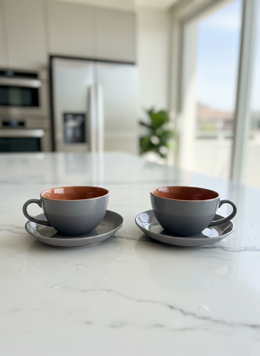Modern Dual-Tone Grey and Orange Ceramic Teacup and Saucer Set of 2