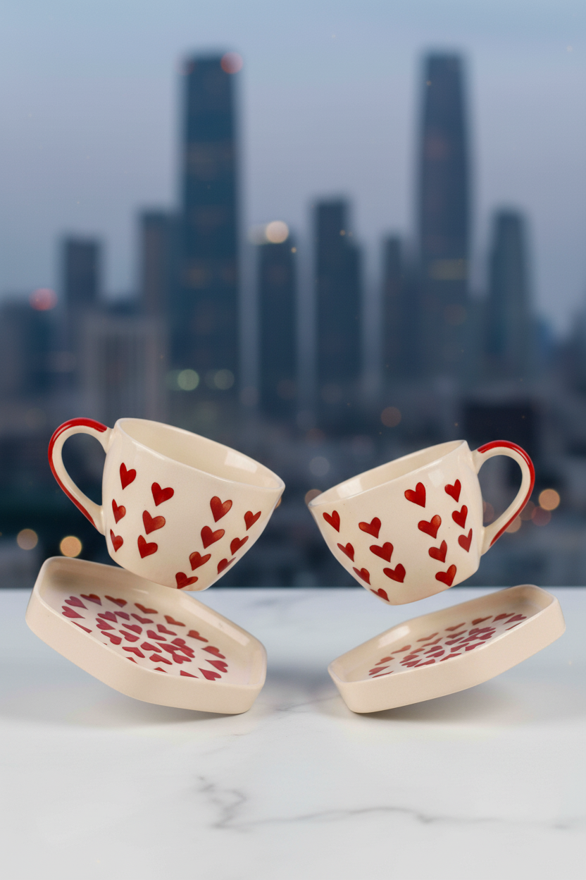 Handcrafted Romantic Red Heart Ceramic Teacup and Saucer Set - Pair