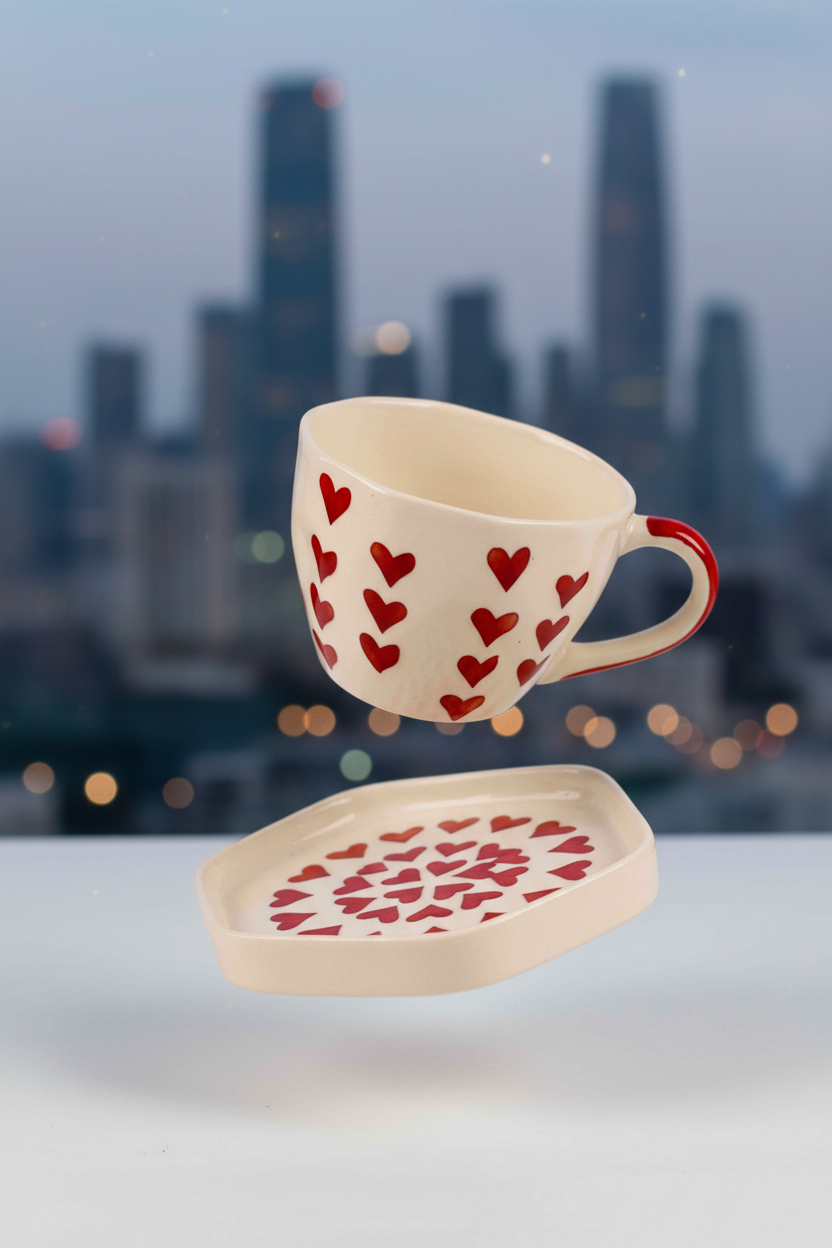 Romantic Heart Hand-Painted Ceramic Teacup and Saucer Set — alternate view