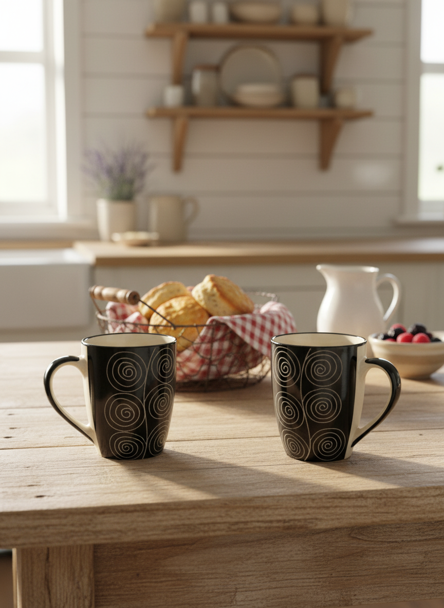 Hand-Painted Spiral Swirl Black Ceramic Coffee Mugs - Set of 2 — alternate view