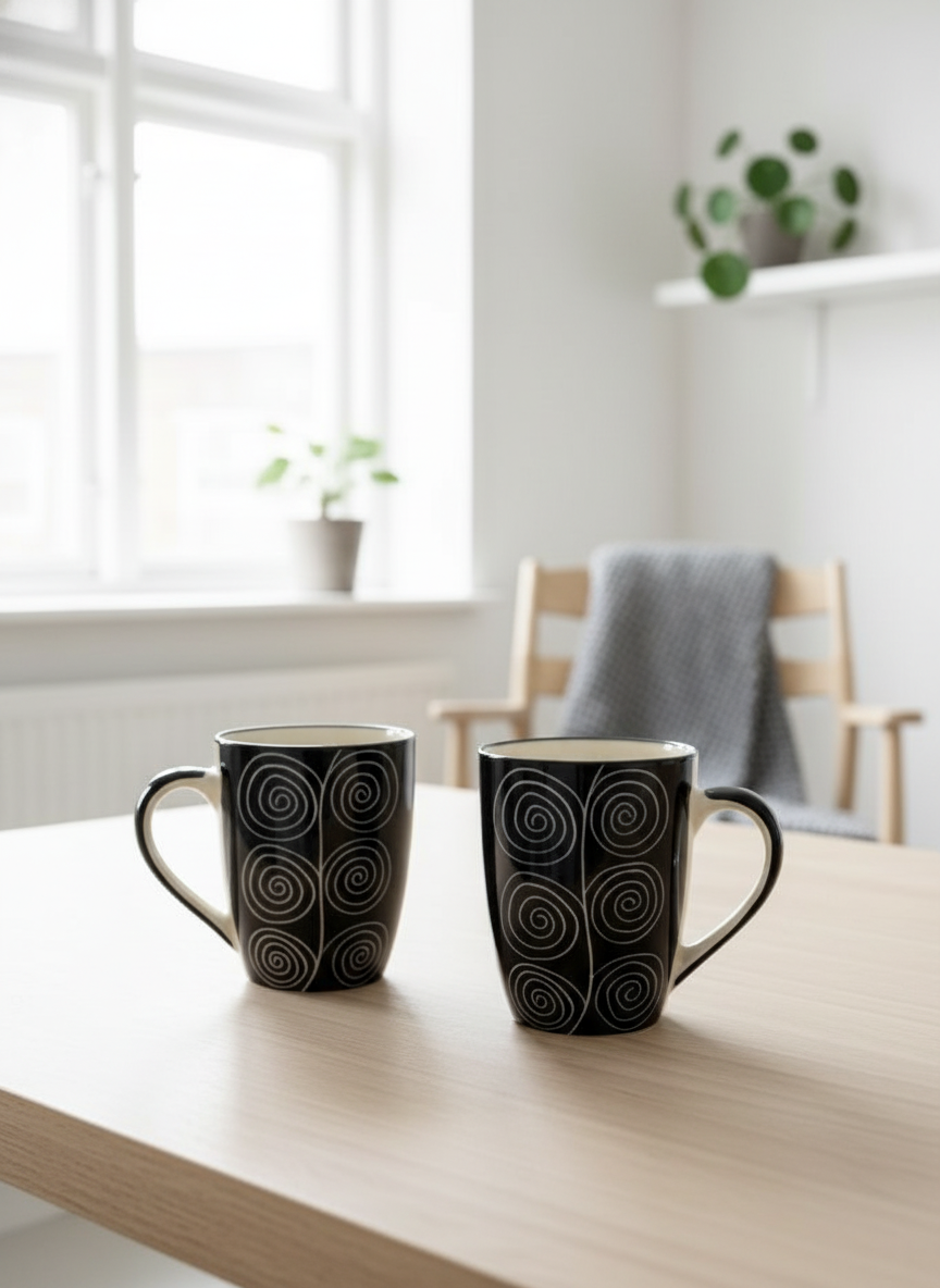 Hand-Painted Spiral Swirl Black Ceramic Coffee Mugs - Set of 2