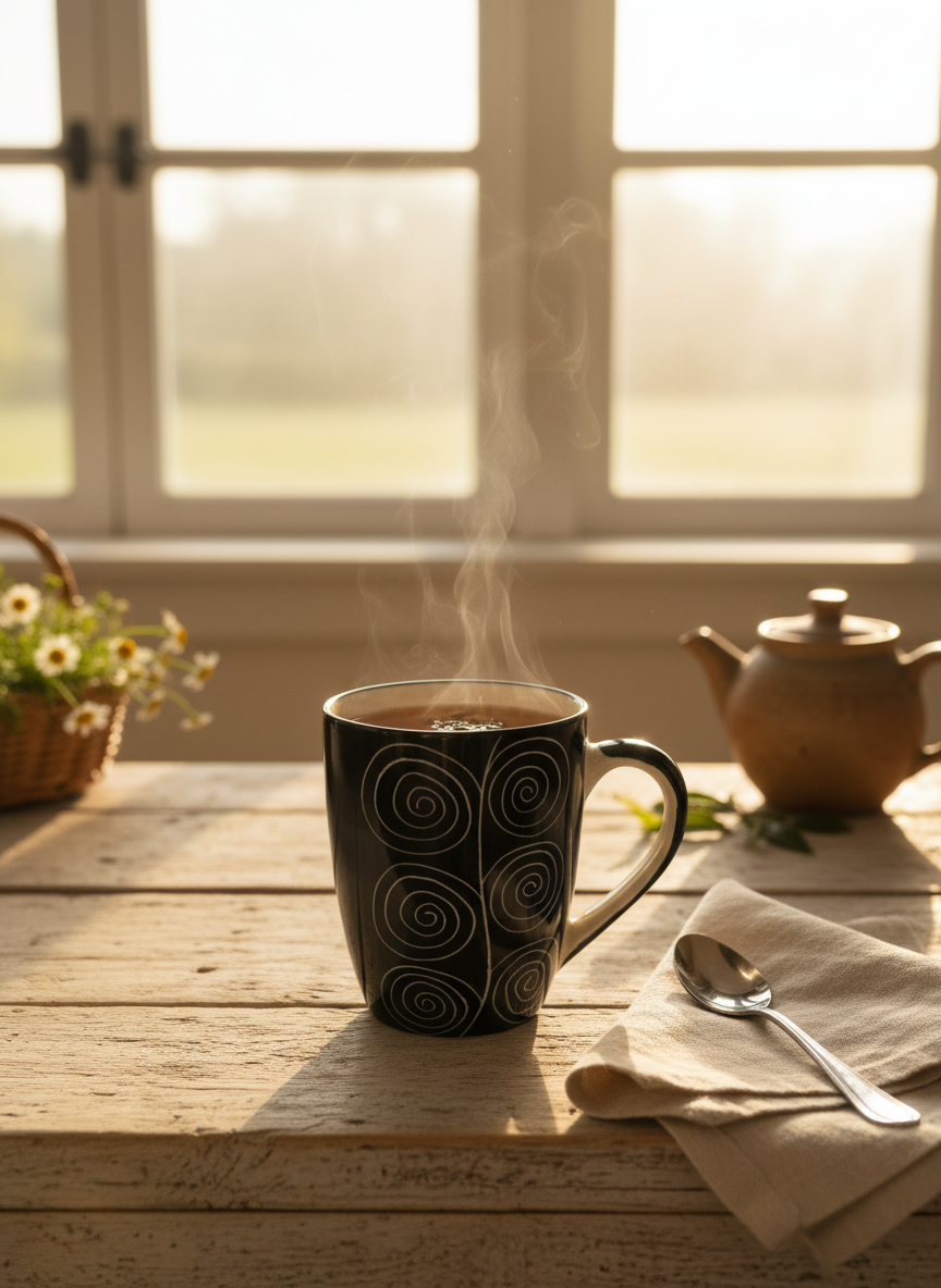 Handcrafted Black Ceramic Coffee Mug with White Spiral Motif - Elegant Tea and Coffee Cup — alternate view