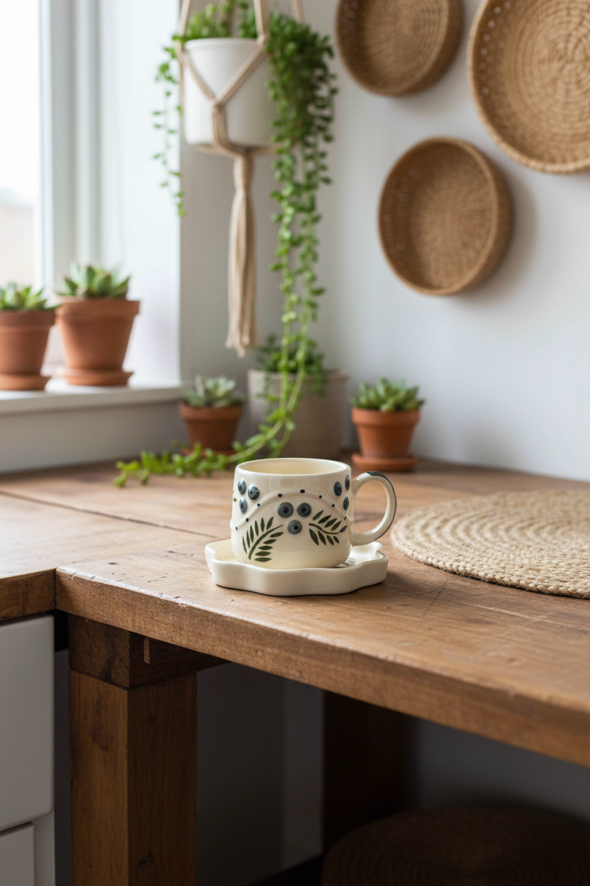 Hand-Painted Blueberry Ceramic Teacup and Scalloped Saucer Set — alternate view
