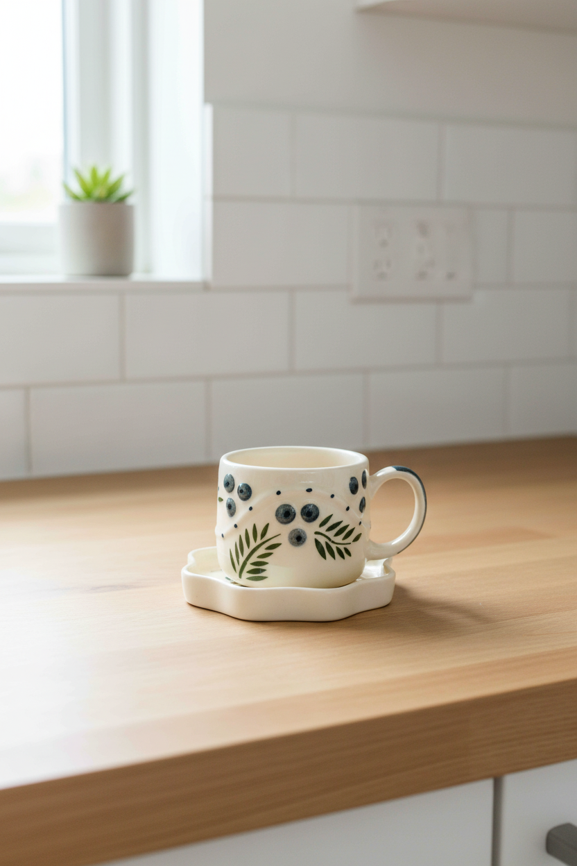 Hand-Painted Blueberry Ceramic Teacup and Scalloped Saucer Set