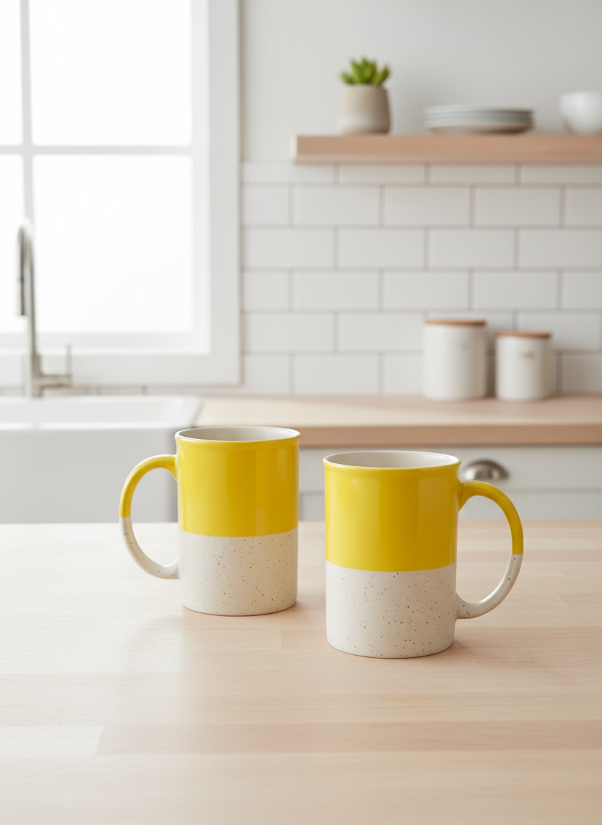 Sunburst Yellow and Speckled White Ceramic Coffee Mug Set of 2