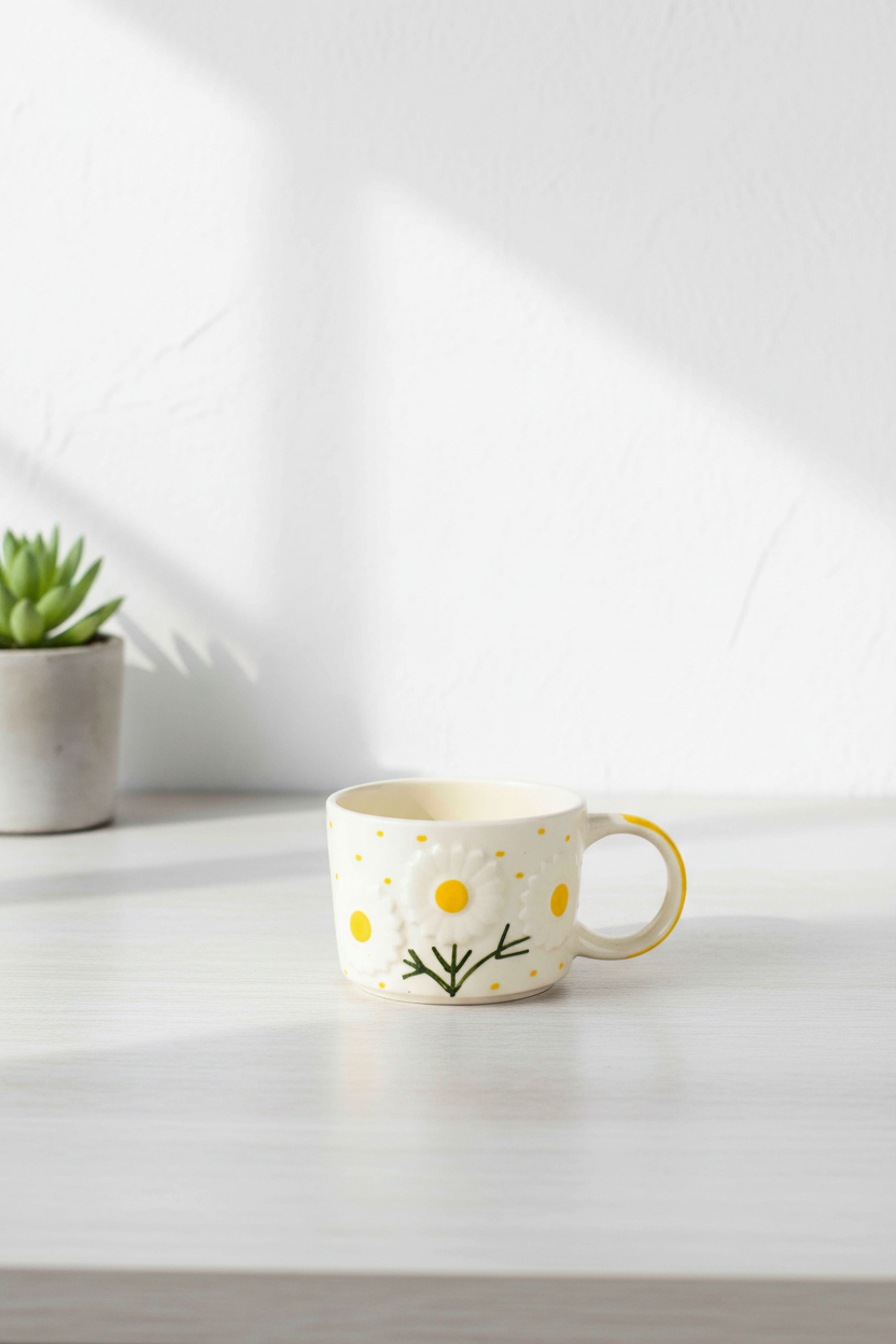 Handcrafted Daisy Floral Ceramic Coffee Mug - 250ml — alternate view
