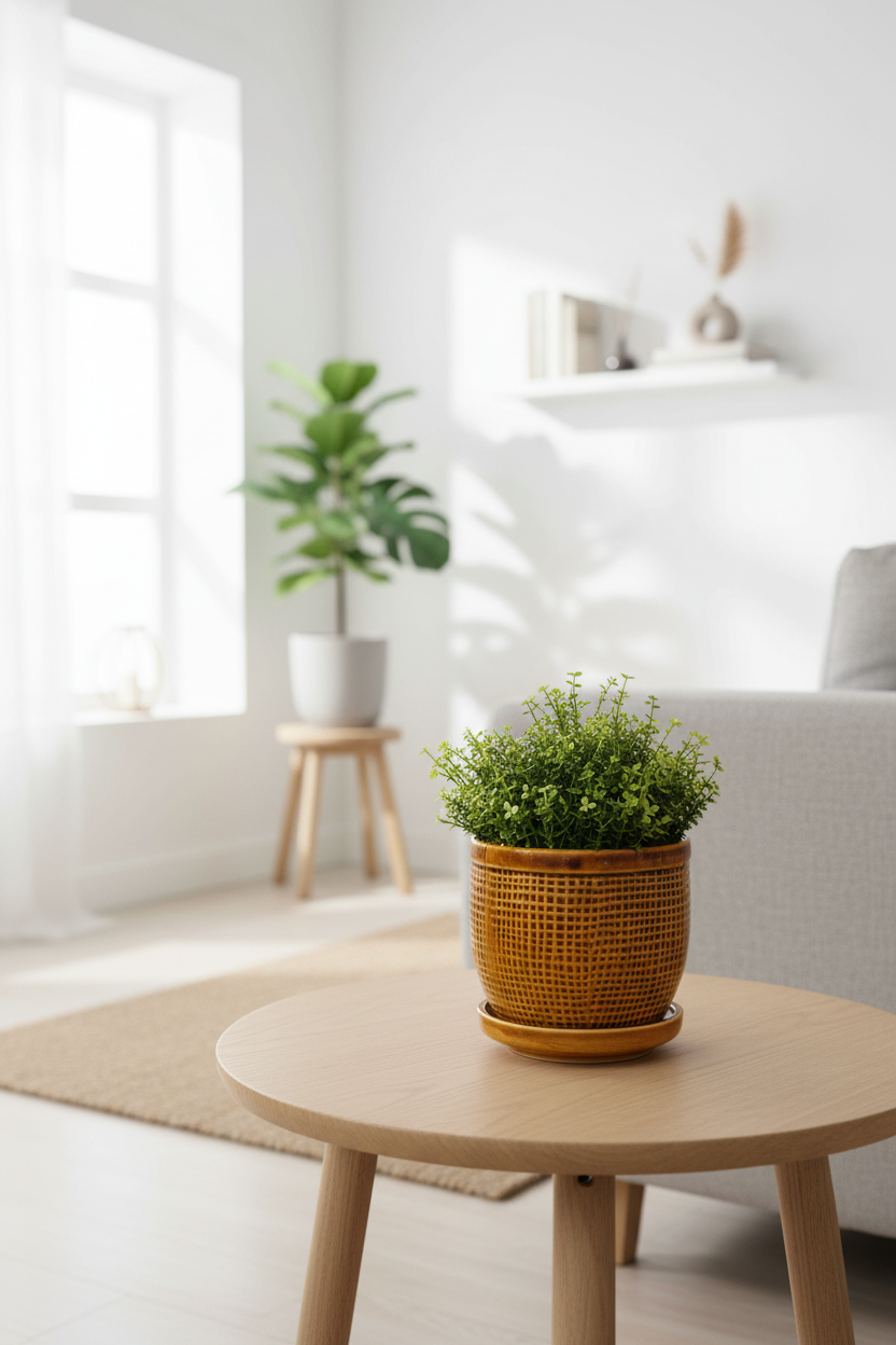 Rustic Ochre Textured Ceramic Planter with Matching Saucer — alternate view