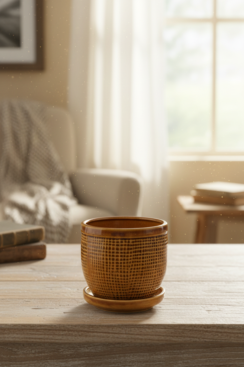Rustic Ochre Textured Ceramic Planter with Matching Saucer