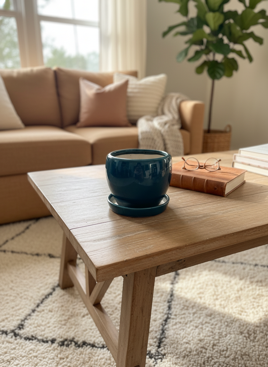 Teal Blue Glazed Ceramic Indoor Planter with Matching Saucer