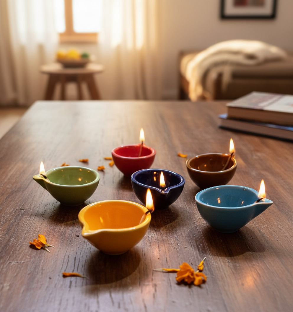 Handcrafted Multi-Color Ceramic Diya Set - Set of 6 Decorative Oil Lamps