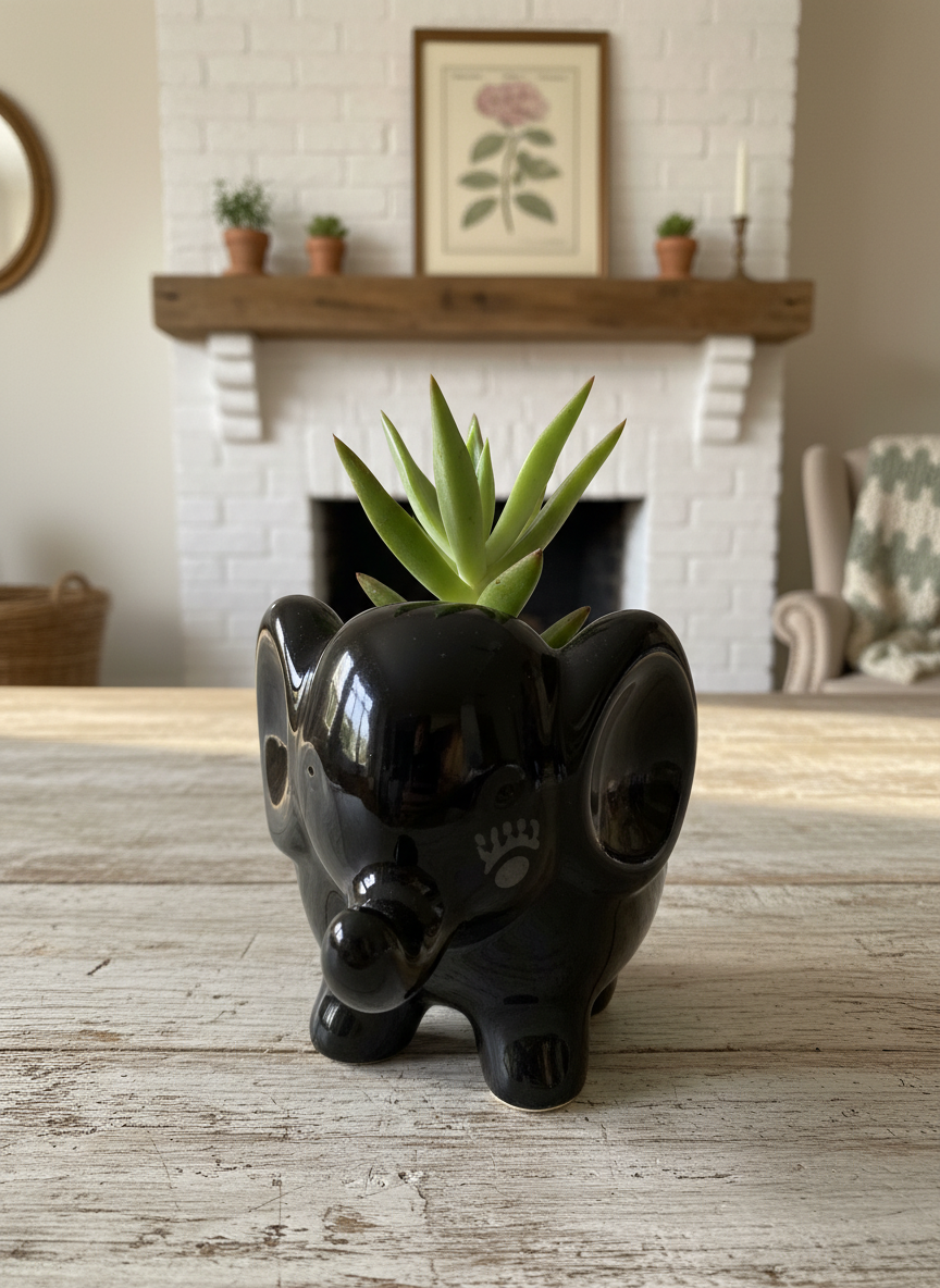 Glossy Black Elephant Ceramic Planter for Indoor Succulents and Mini Plants