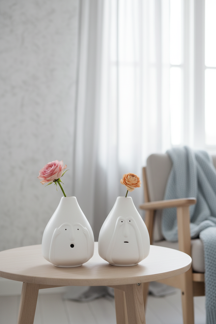 Whimsical Minimalist White Ceramic Face Vases - Set of 2 Decorative Character Flower Pots
