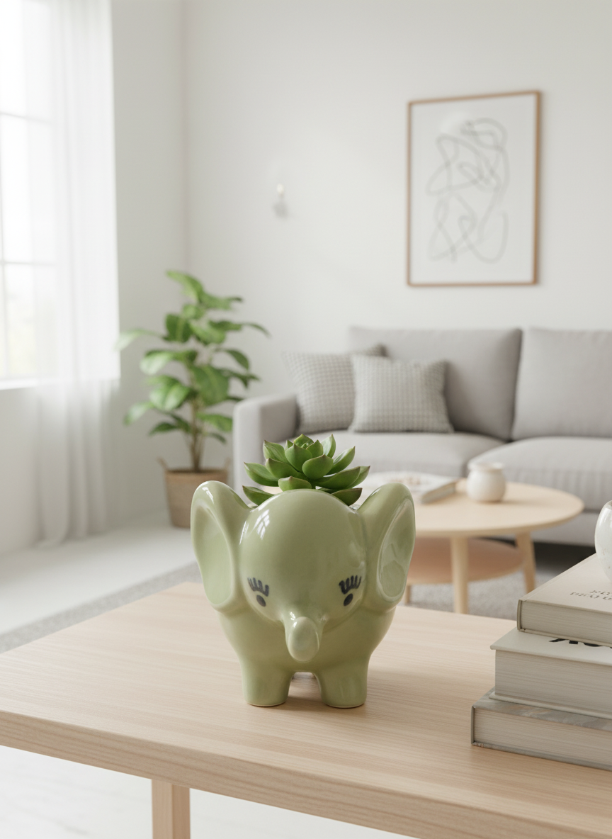 Handcrafted Sage Green Ceramic Elephant Planter for Succulents - Cute Animal Flower Pot for Home Decor