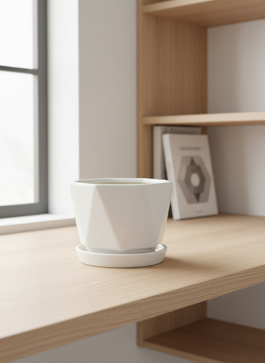 Geometric White Ceramic Planter with Saucer - Modern Indoor Flower Pot